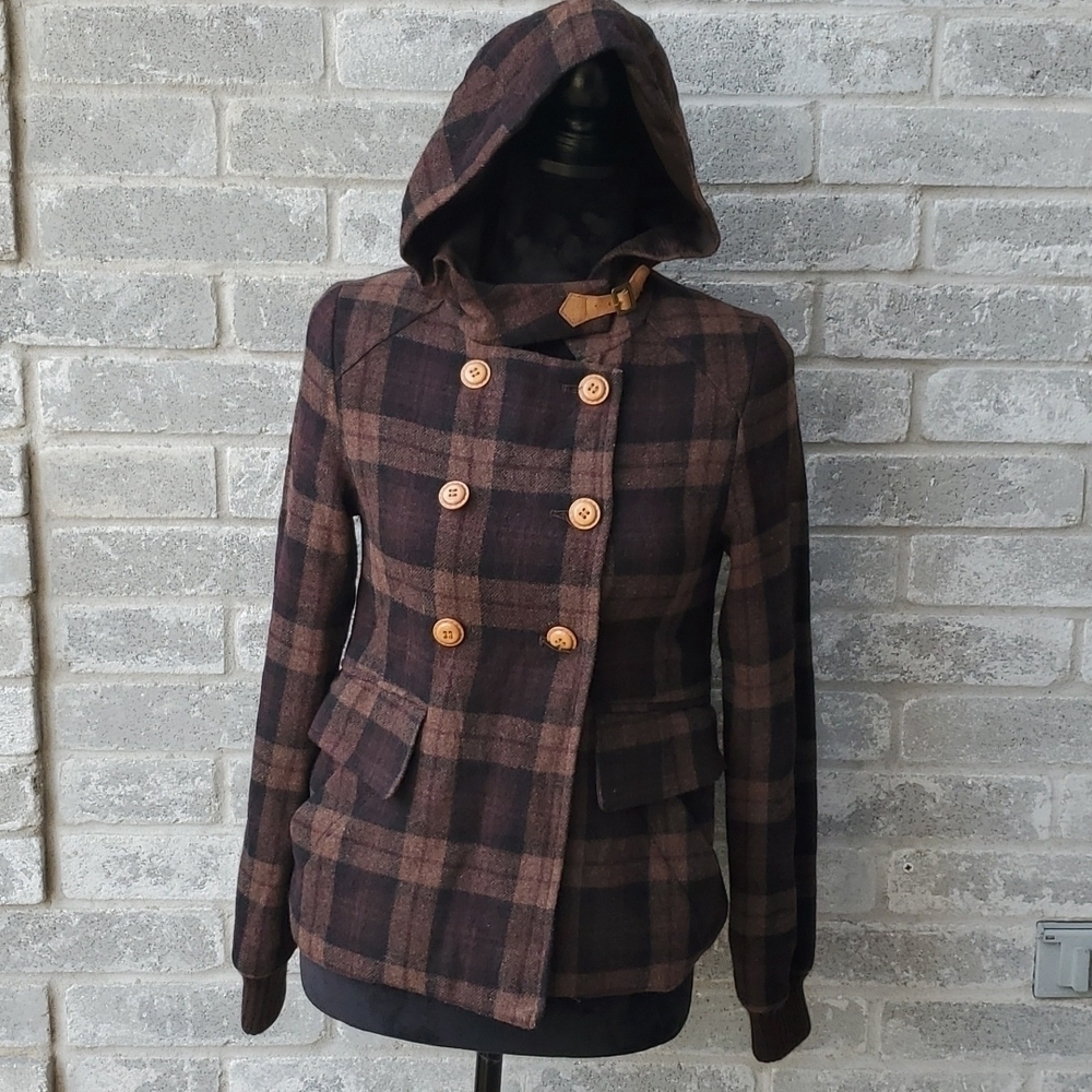 Coffee Shop Coat Womens Plaid Small Brown Plaid Wool Blend
